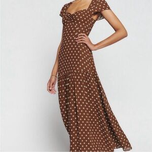 Reformation Myah brown polka dot dress midi